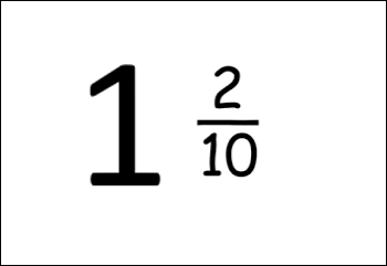 Card showing one and two tenths written as a mixed number