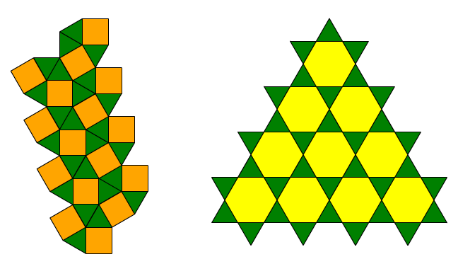 Two designs created by transforming a block pattern