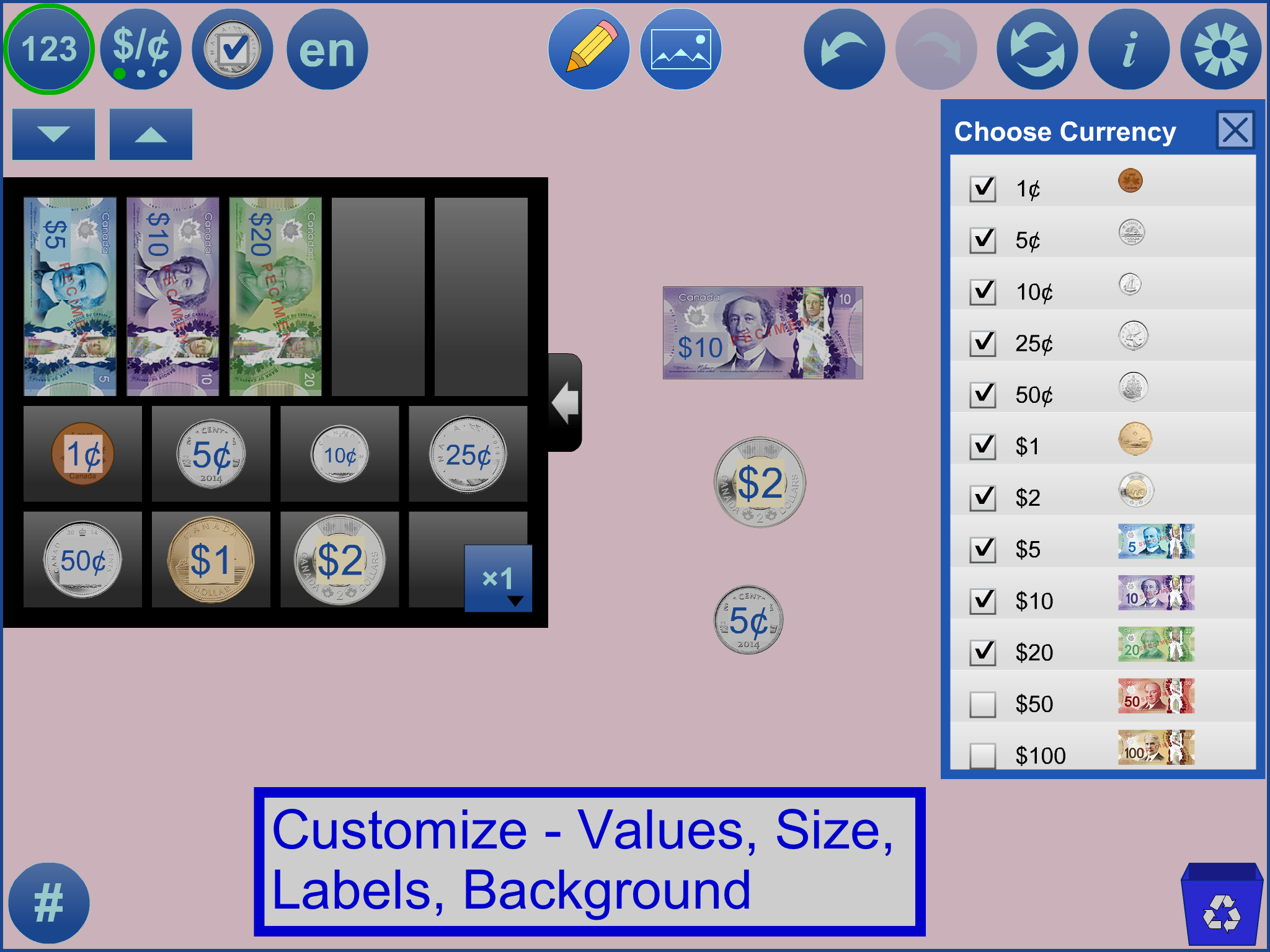customize values, size, labels, background